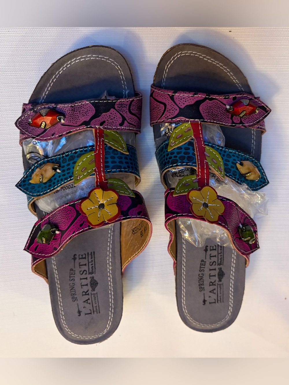 L'ATISTE Multicolor Floral Leather Slide Sandals in Purple, Blue, Yellow, Green